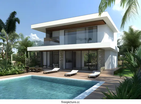 Modern Villa with Swimming Pool and Palm Trees