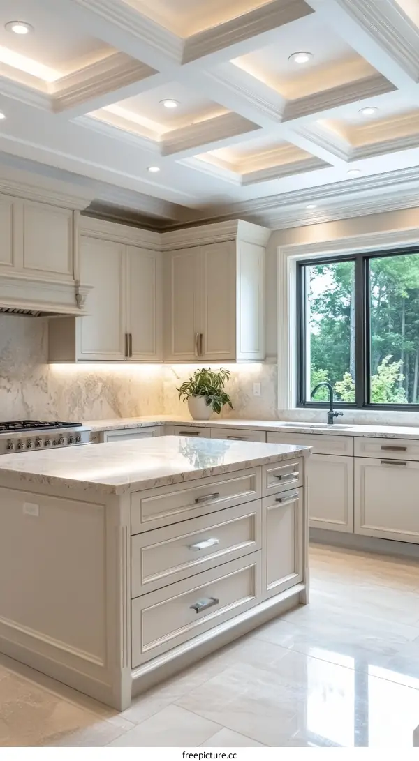 Elegant Kitchen Island with Detailed Coffered Ceiling