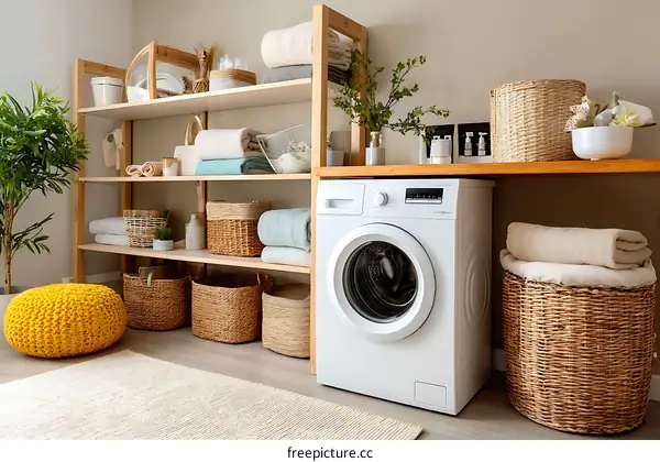 Organized Laundry Room with Wooden Shelving