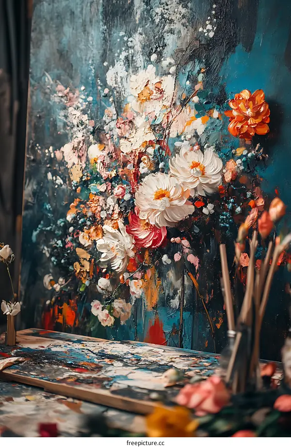 Close Up of Painted Flowers on Canvas in Artist Studio