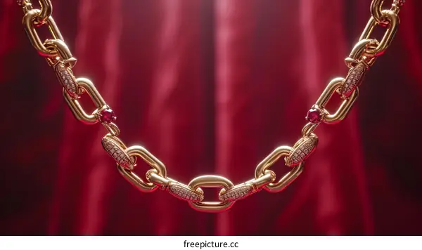 Luxury gold chain with diamonds and rubies on red silk background
