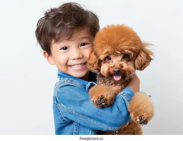 A boy is hugging a toy poodle