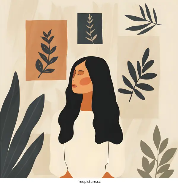 Woman with Long Black Hair in Minimalist Illustration with Leaves