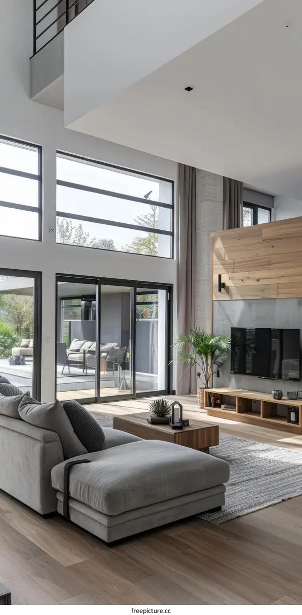 Bright living room with high ceiling and large windows
