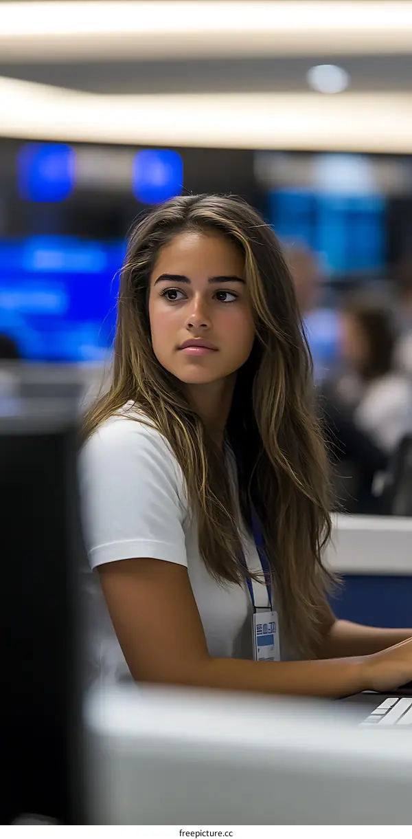 Young Woman with Long Brown Hair Working on a Computer in an Office