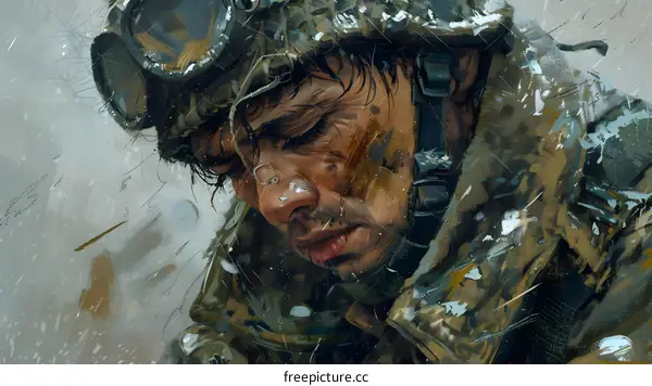 Portrait of a soldier wearing a helmet and a face full of mud and blood