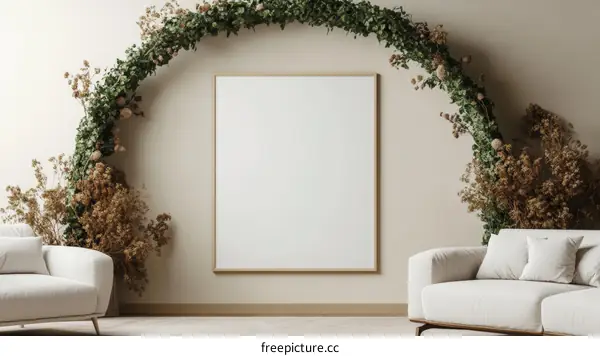 Empty Frame Decorated with Plants in a Beige Room
