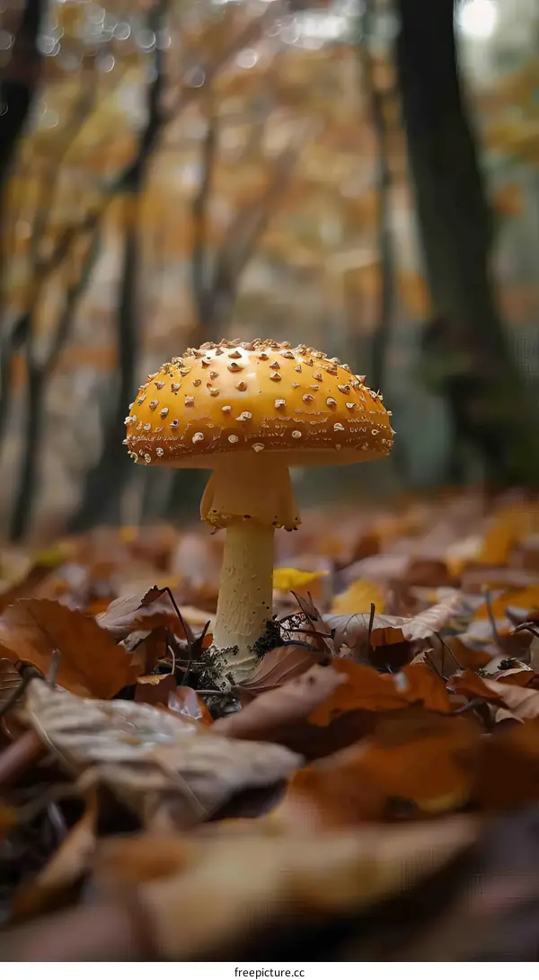 Close-up Photograph of an Amanita Muscaria Mushroom Growing in Autumn Leaves
