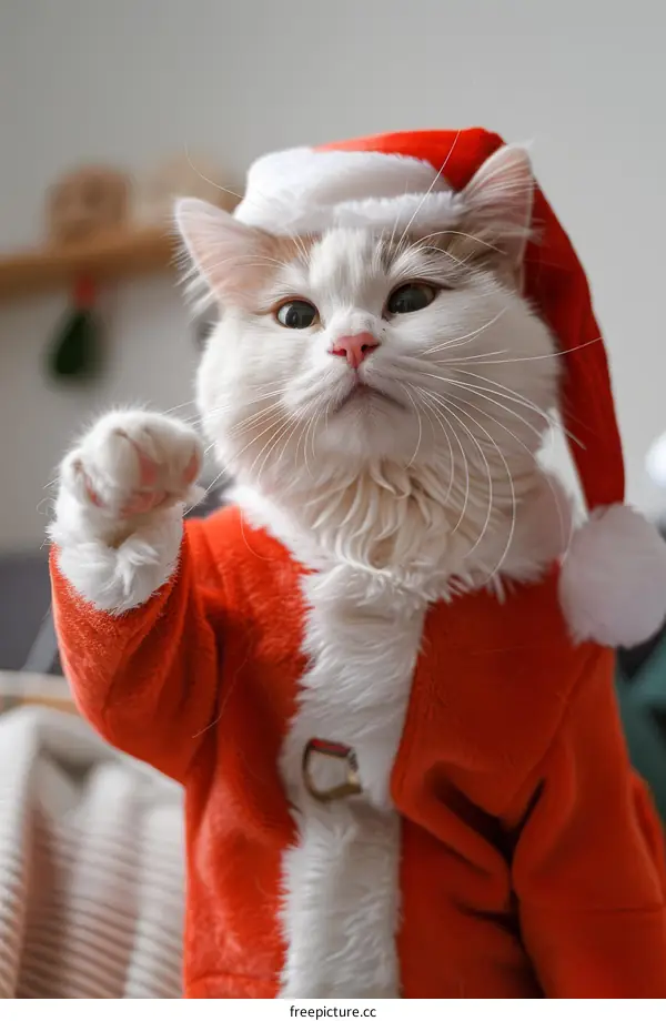 A cute cat wearing a Santa hat is sitting on a bed and looking at the camera.