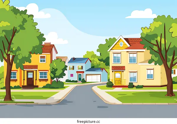 Cartoon Illustration Of Houses On A Street