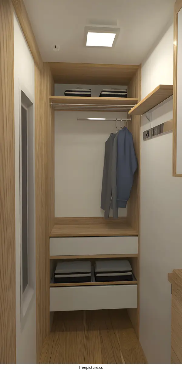 Modern Walk In Closet Design with Wooden Shelves and Drawers