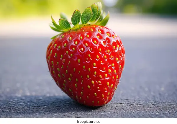 A close-up image of a single, ripe strawberry sitting on a solid gray surface with a blurred background of foliage.
