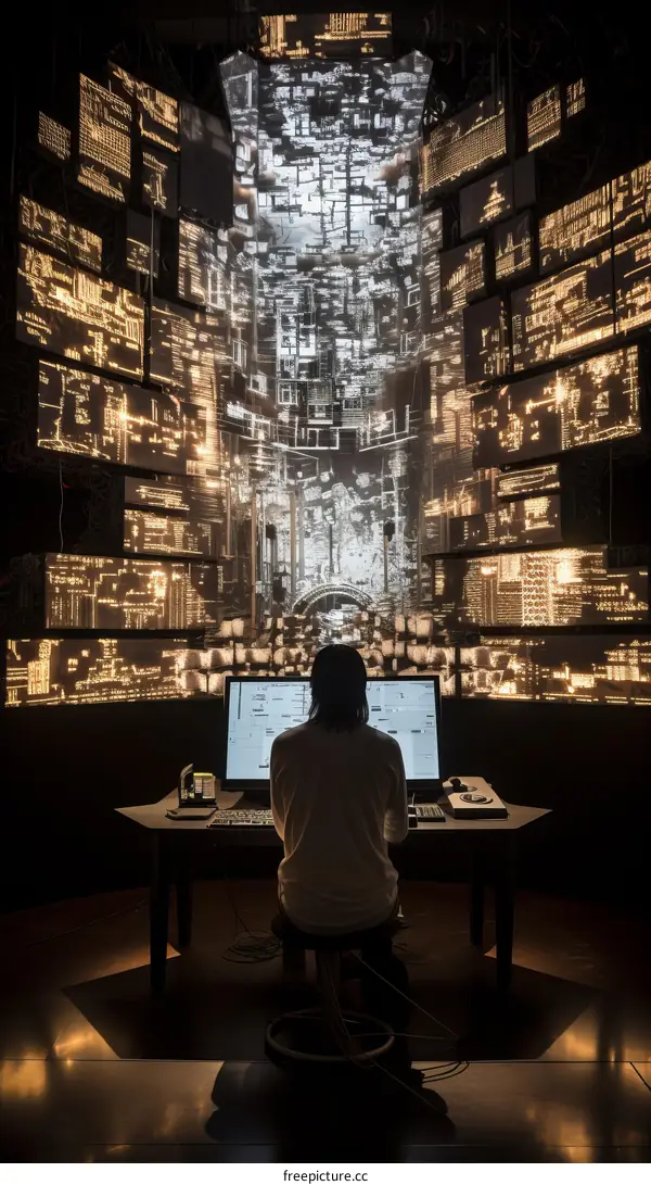 Female software engineer working on a project in a dark room with a large screen displaying a 3D model of a city.