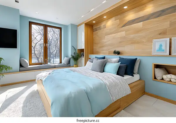 Modern Bedroom with Light Blue Accents