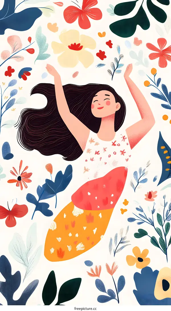 Happy Woman Surrounded by Flowers Illustration