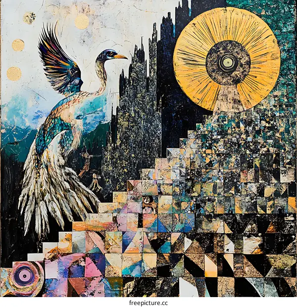 Abstract Bird Painting with Geometric Shapes