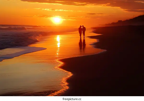 Couple Walking on Beach at Sunset