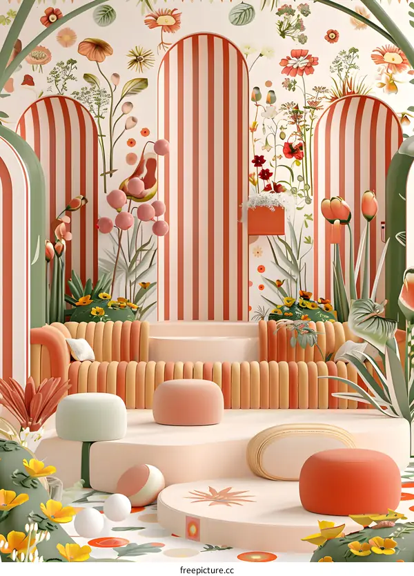 Abstract Floral Garden with Stripes and Colorful Pillows