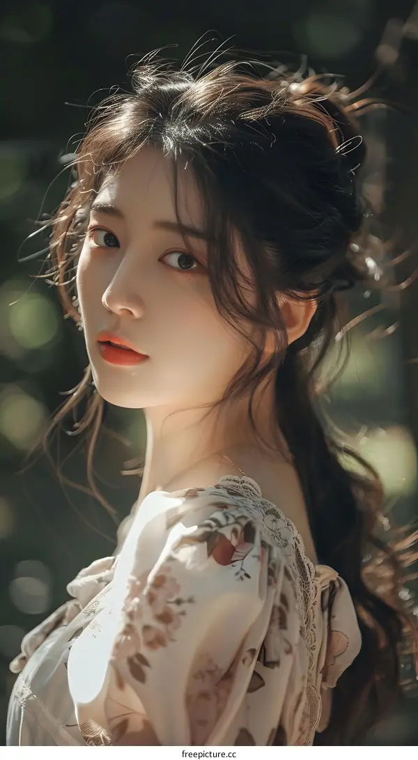 Beautiful Asian Woman with Brown Hair Posing in Nature