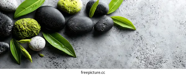 Zen Stones and Green Leaves on Gray Surface