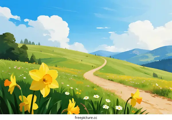 A Beautiful Spring Landscape with Daffodils and Winding Path