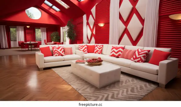 red living room with white furniture