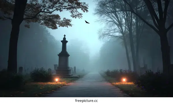 Misty Cemetery Pathway at Dawn