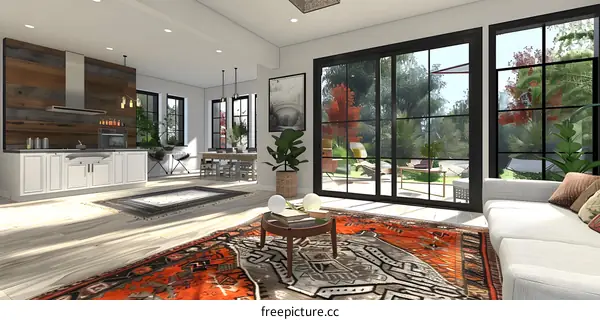 Modern Kitchen and Living Room Interior Design With Large Windows and a View of the Backyard