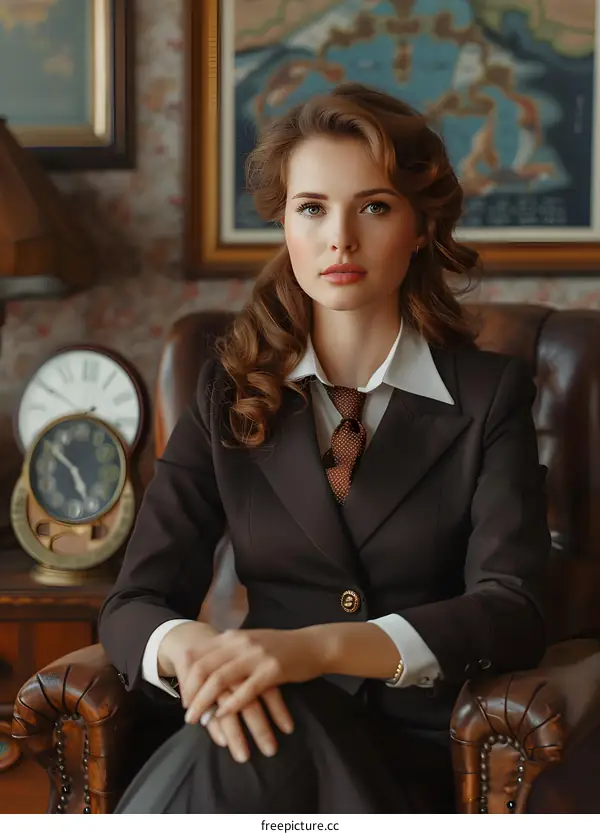 Elegant Woman in a Vintage Style Suit Posing in a Chair