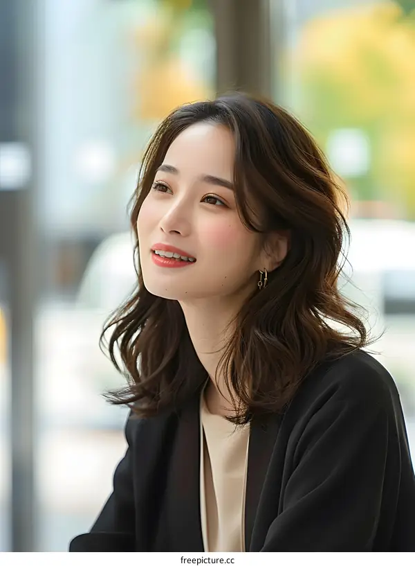 A young woman with long dark hair wearing a black suit jacket smiles away from the camera