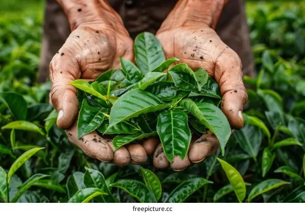 Close up of hands holding fresh tea leaves