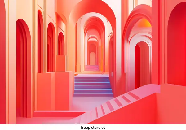 Abstract Architecture with Arched Passageways and Stairs in Pink and Orange