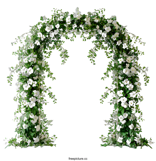 [Transparent Background PNG]Beautiful Wedding Arch Decorated with White Flowers and Greenery