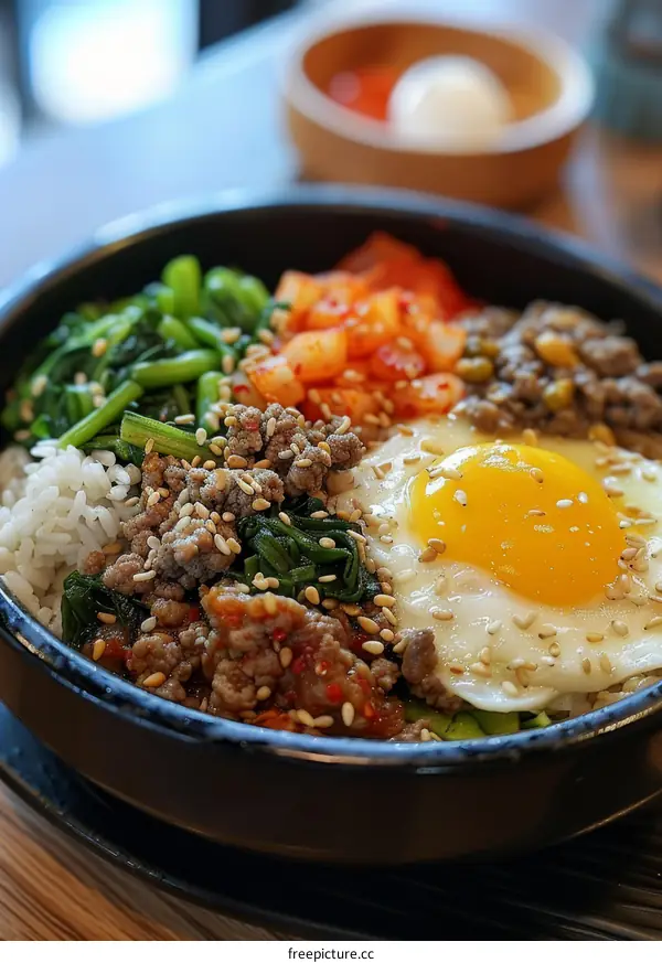 Korean food dolsot bibimbap with egg, kimchi and vegetables