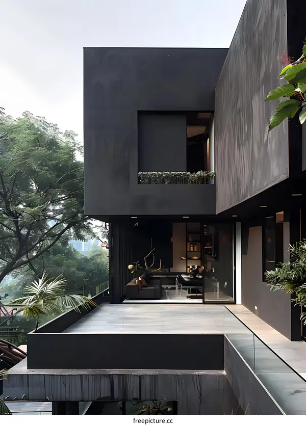 Modern Black House with Balcony and  Minimalist Design