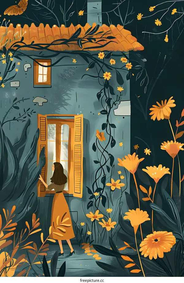 Woman Opening Window in a Garden Illustration