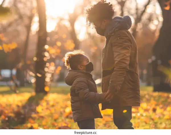 Mother and daughter wearing protective face masks outdoors
