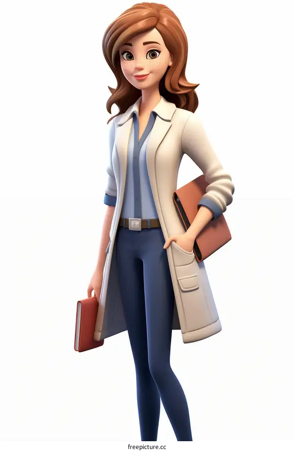 A female doctor in a lab coat holding a folder and a book