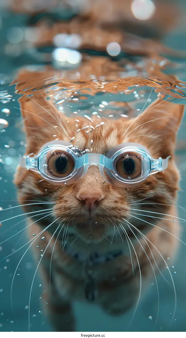 Orange Cat Wearing Goggles While Swimming Underwater