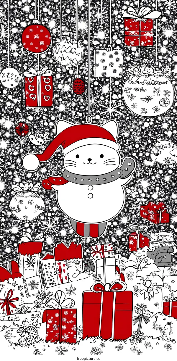 Christmas Cat With Gifts And Ornaments Illustration