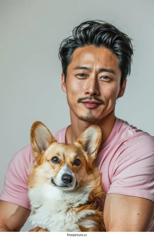 Asian man with a corgi dog