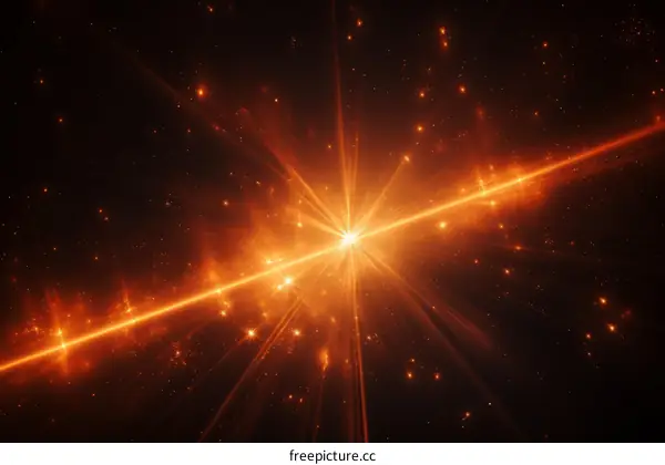 An illustration of a bright supernova in space with a beam of light