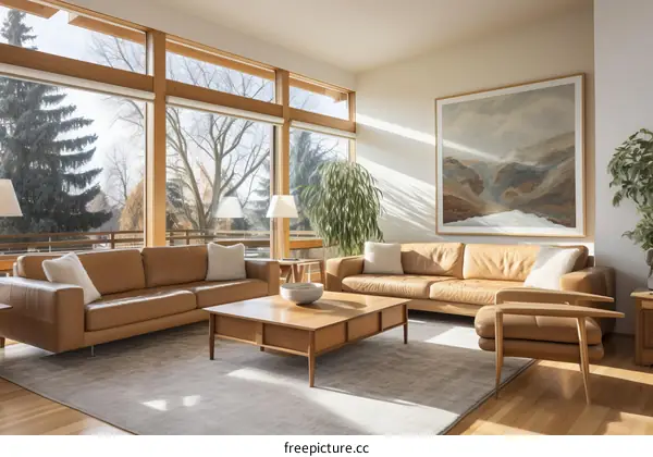 Bright living room with large windows and leather furniture