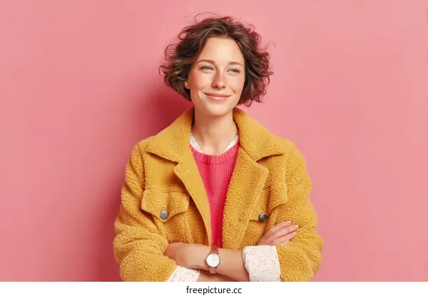 Smiling Woman in Mustard Yellow Coat against Pink Background