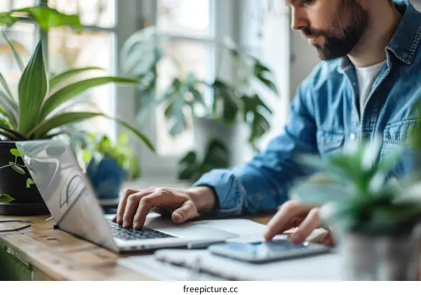 Home Office Workspace with Laptop and Plants