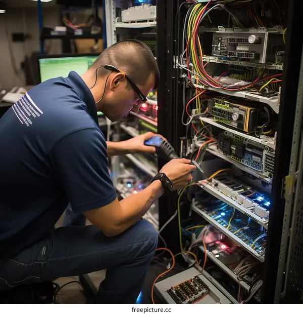 technician repairing server in data center