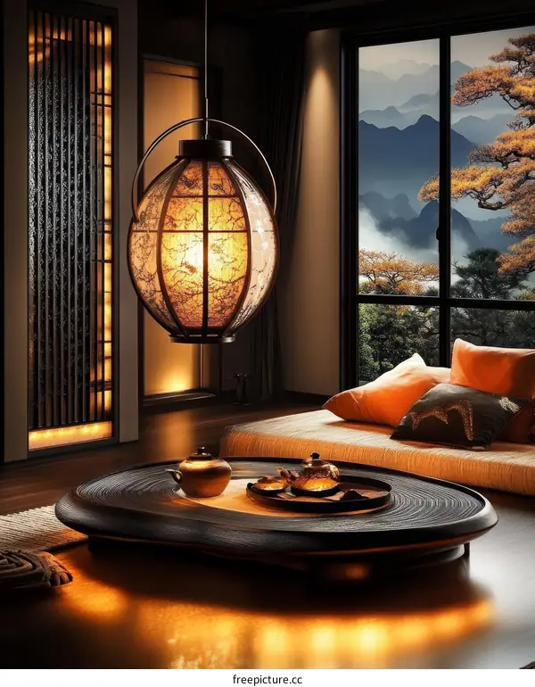Elegant Japanese-Style Interior Design with a Hanging Lantern