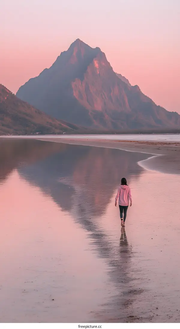 Woman Walking On Beach With Mountain In Background During Sunset