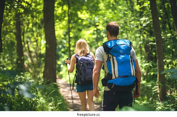 Couple Hiking Trail in Lush Green Forest