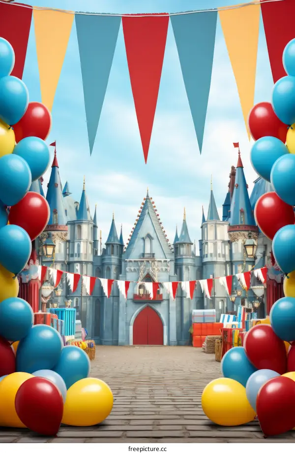 A Magical Fairytale Castle with Colorful Balloons and Bunting